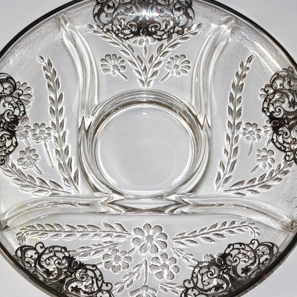 Vintage Glass Divided Serving Dish | Silver Overlay Divided Round Platter - Picture 2 of 6